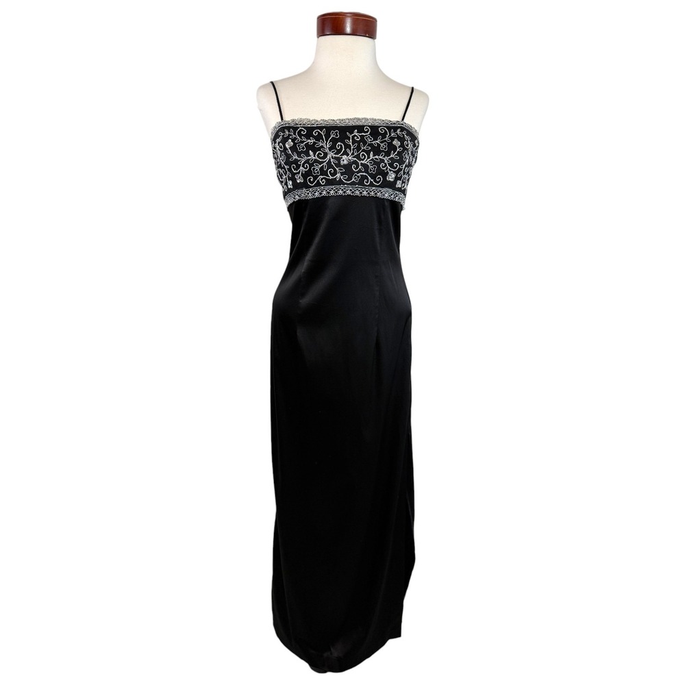 Vintage Y2K Black Satin Slip Dress Silver Bias Cut Embroidered Formal Maxi Gown